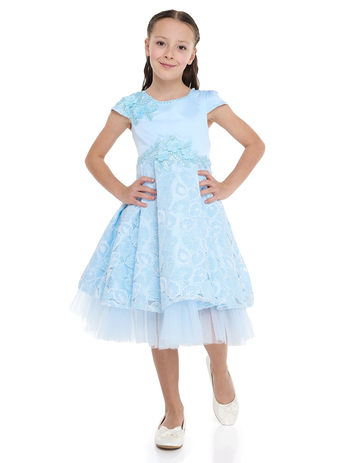 Chic Sky Blue Satin & Lace Party Dress With Mesh & Decoration