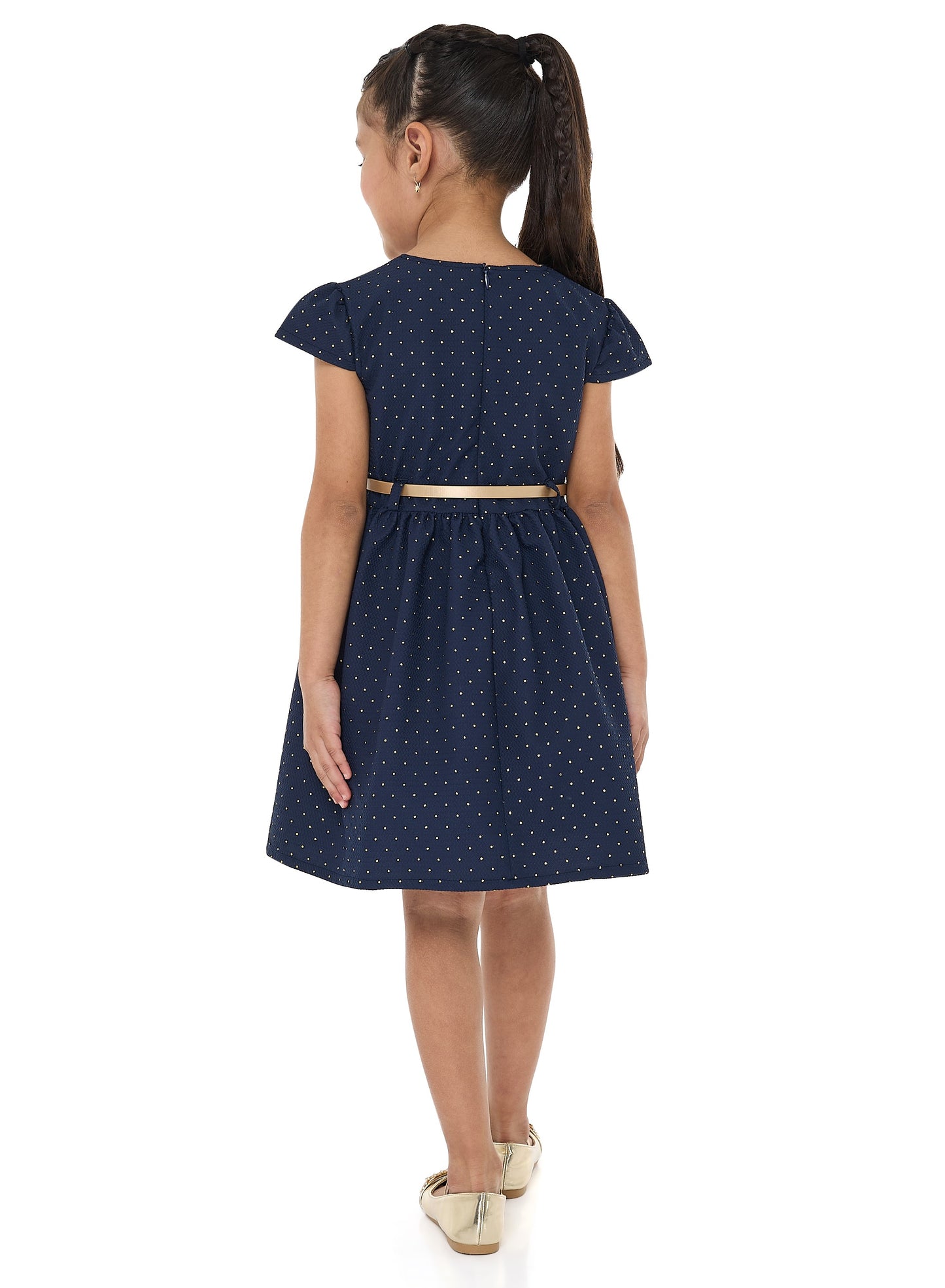 Chic Blue/Gold Lapel Jacquard Dress