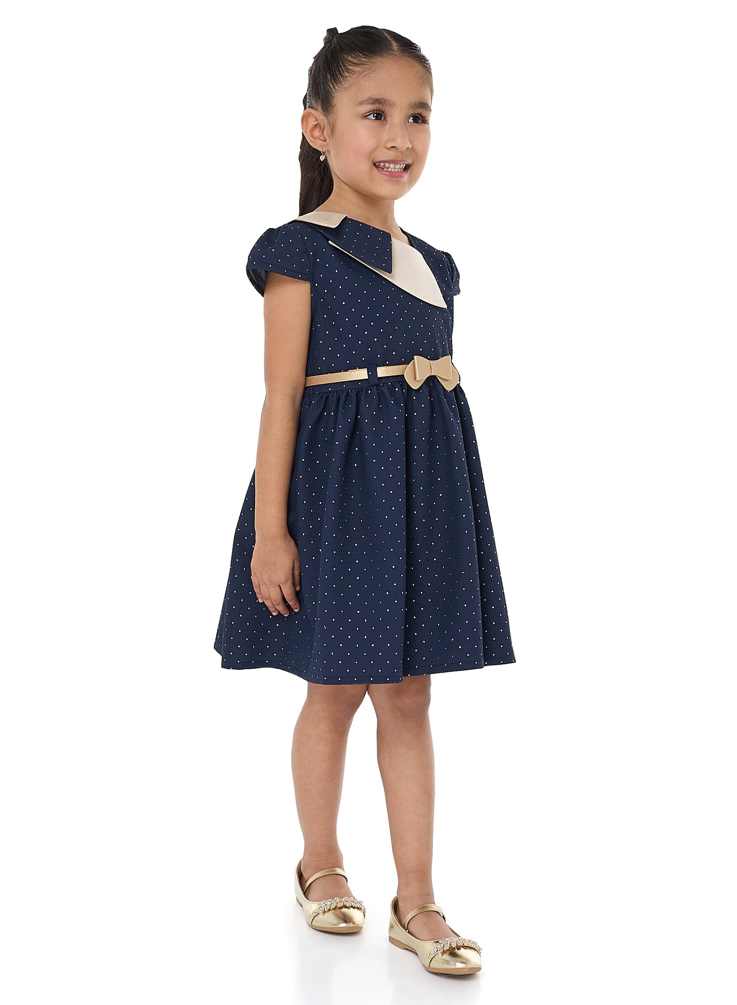 Chic Blue/Gold Lapel Jacquard Dress