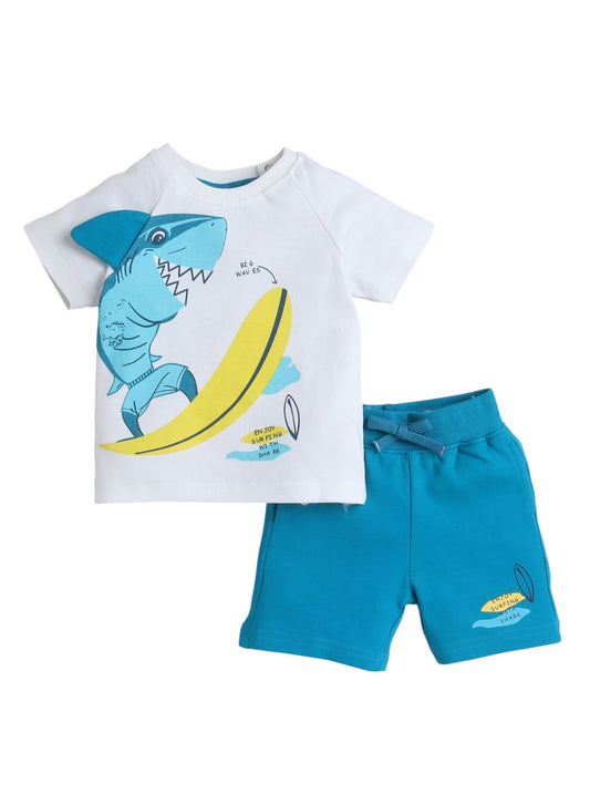 Victor and Jane Boys' Shark Surfing Off White and Blue T-Shirt and Shorts Set