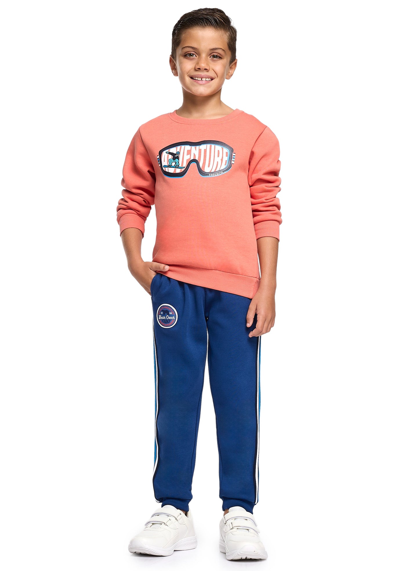 Boys’ Warm Fleece Sweatshirt & Jogger Set – “Adventure” Graphic | Coral & Navy