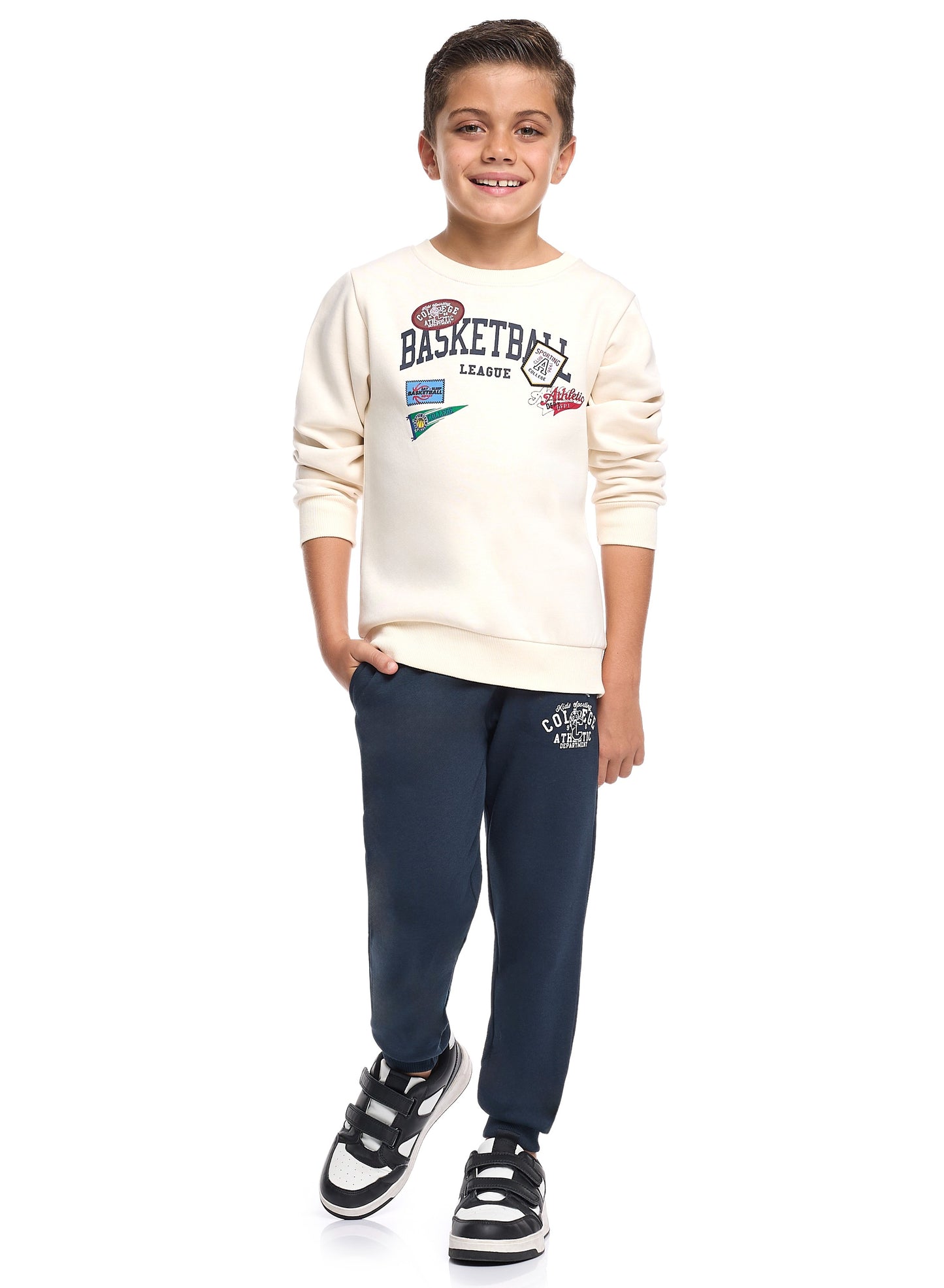 Boys’ Basketball League Fleece Set – Cream Sweatshirt & Navy Joggers
