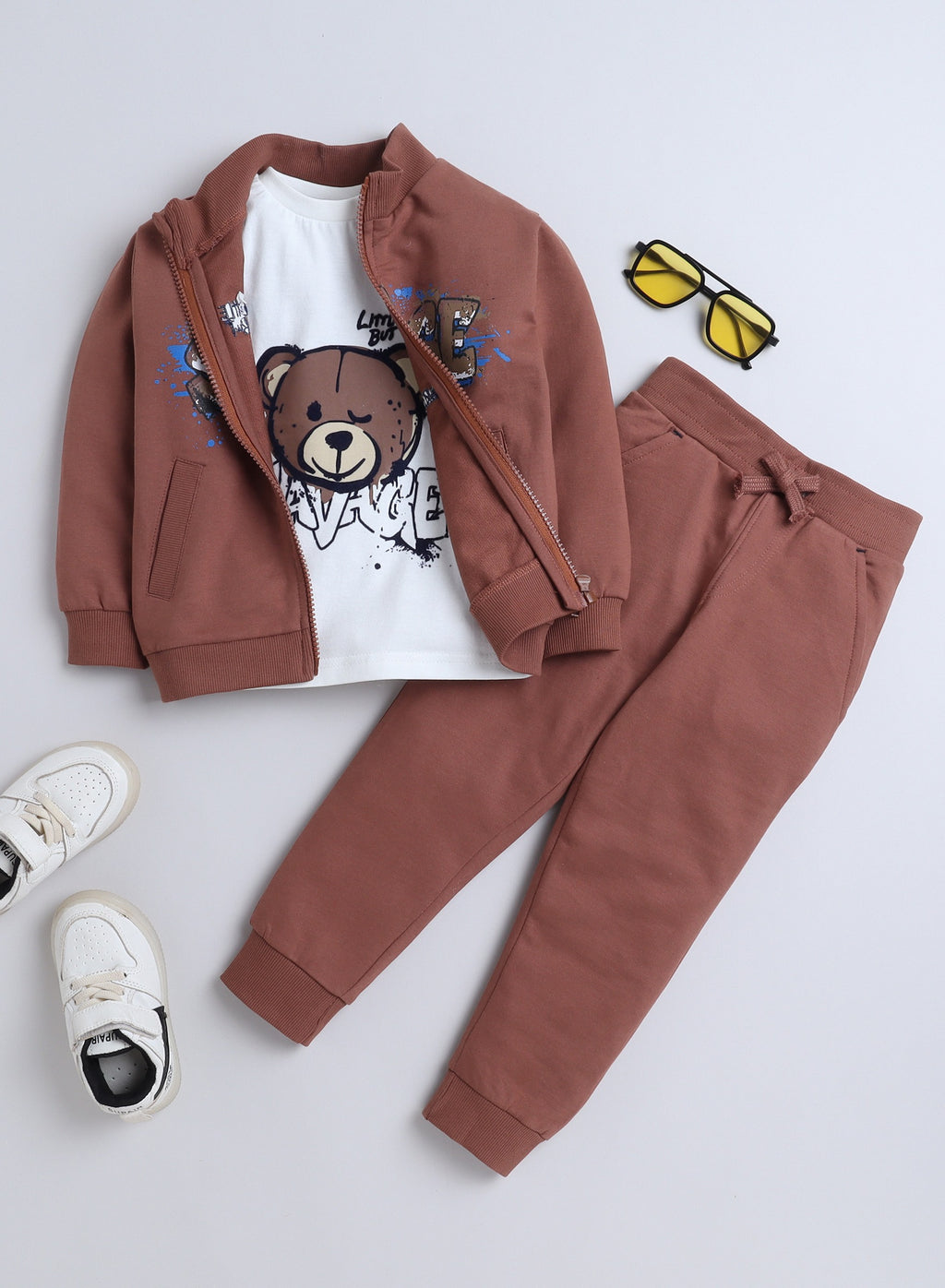 Cute Teddy Printed 3 Pc Set - T-Shirt , Zipper Jacker And Joggers