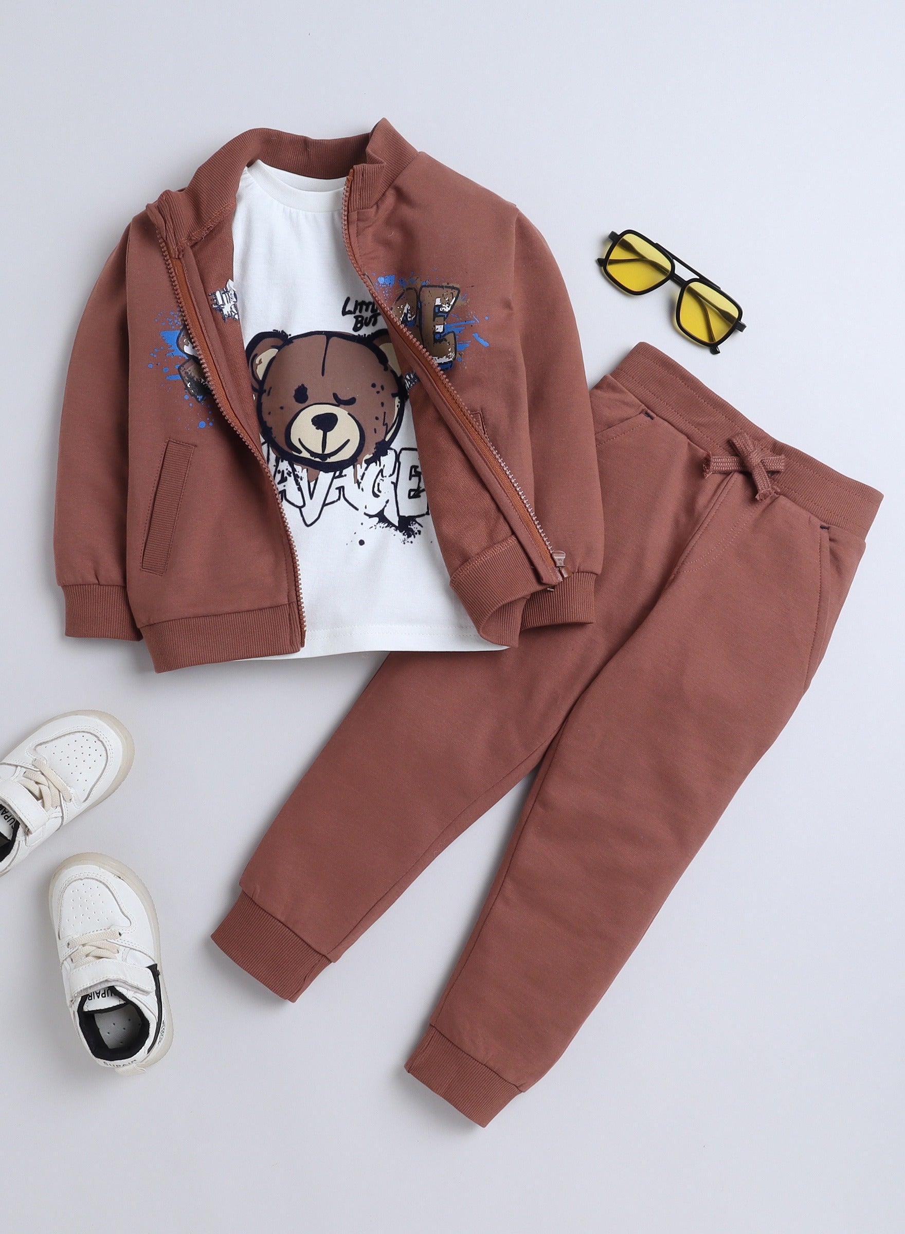 Cute Teddy Printed 3 Pc Set - T-Shirt , Zipper Jacker And Joggers