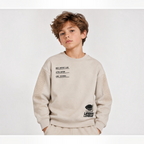 victor and jane boys beige fleece sweatshirt with graphic print and textured sleeve panels
