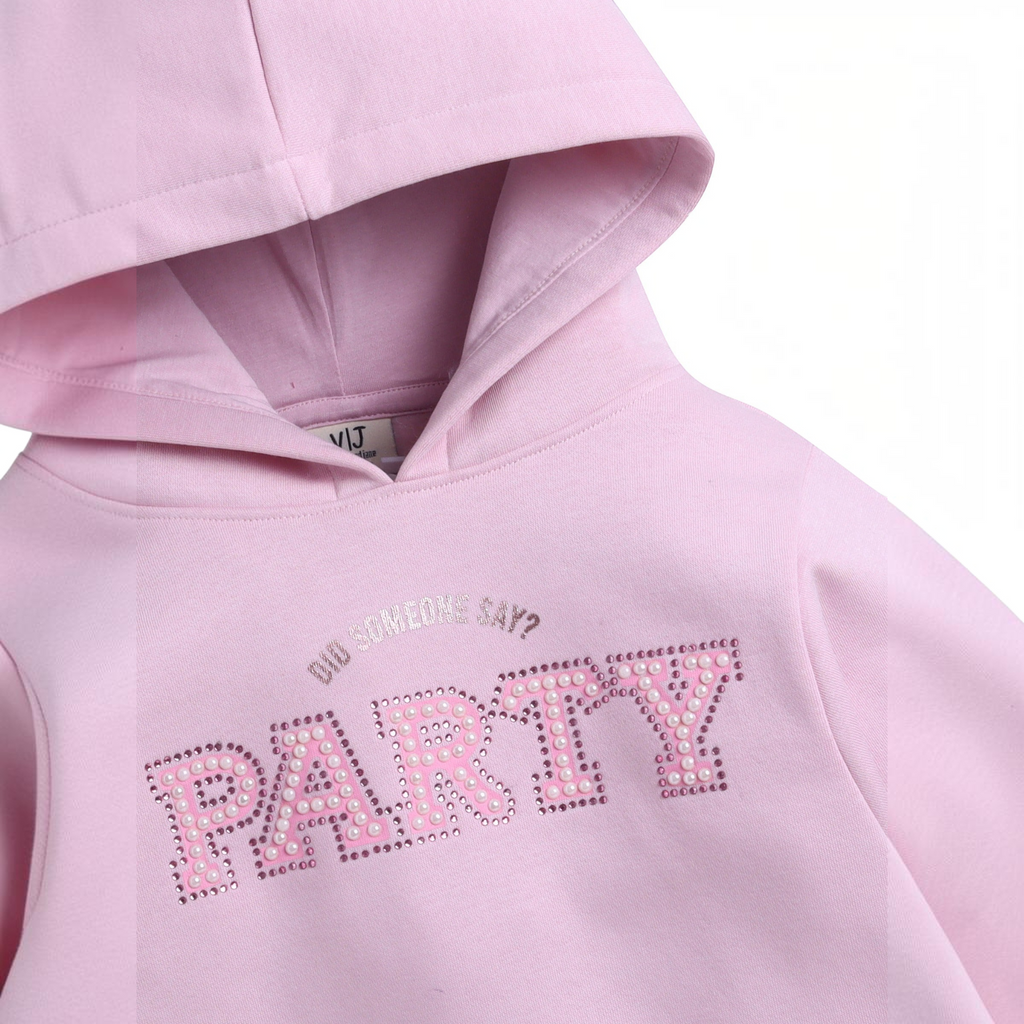 victor and jane light pink girls hoodie featuring a pearl-embellished PARTY graphic on the chest