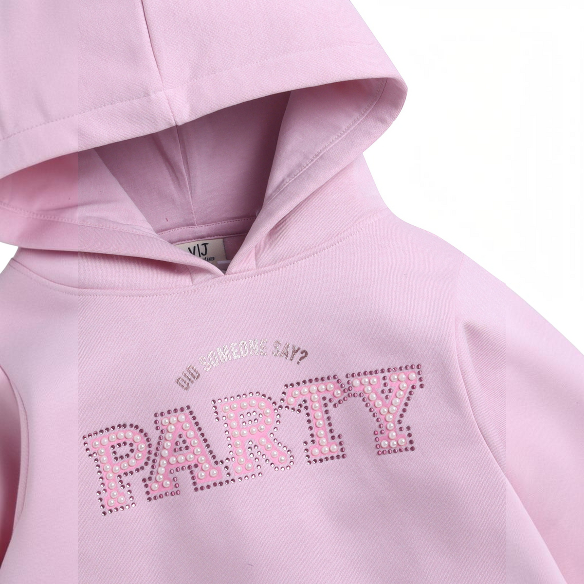 victor and jane light pink girls hoodie featuring a pearl-embellished PARTY graphic on the chest