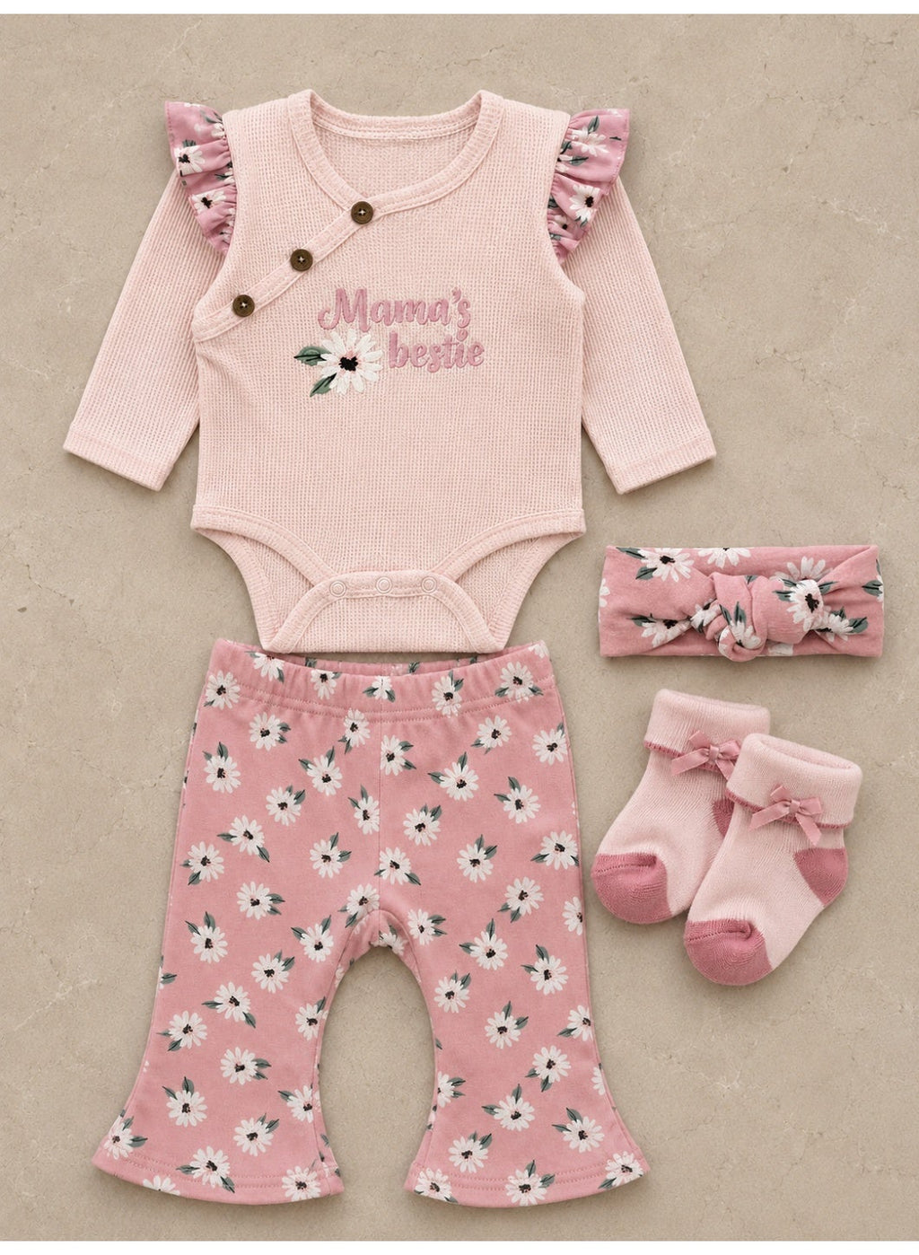 Baby Girls Wrap Bodysuit and Floral Pants Set with Socks and Headband (4-Piece)
