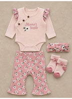 Baby Girls Wrap Bodysuit and Floral Pants Set with Socks and Headband (4-Piece)