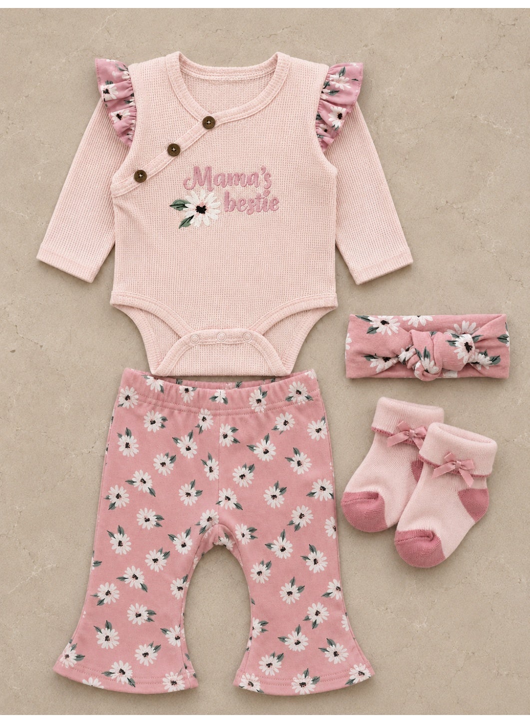 Baby Girls Wrap Bodysuit and Floral Pants Set with Socks and Headband (4-Piece)