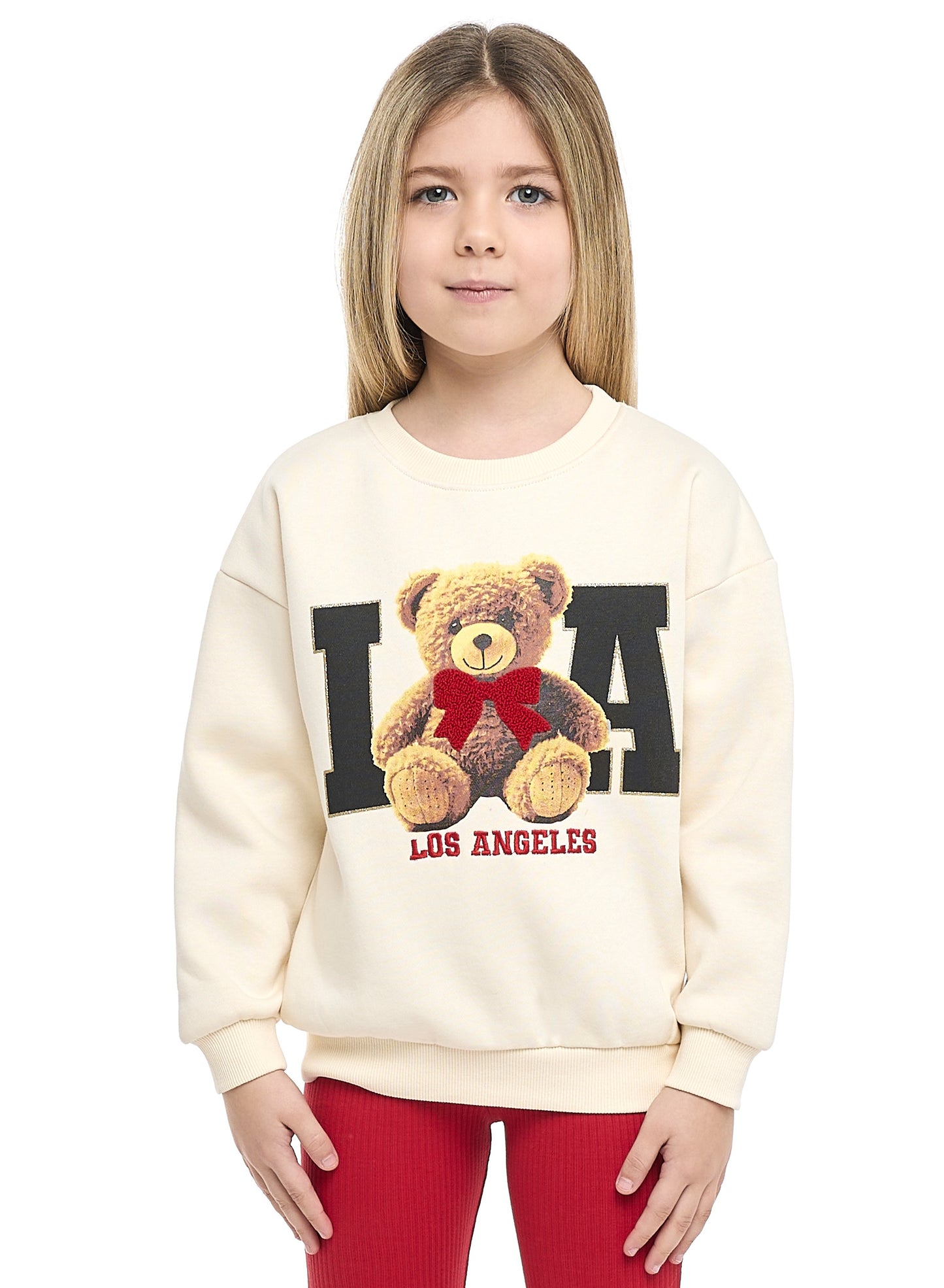 Girls LA Teddy Fleece Tracksuit – Cream & Red 2-Piece Set