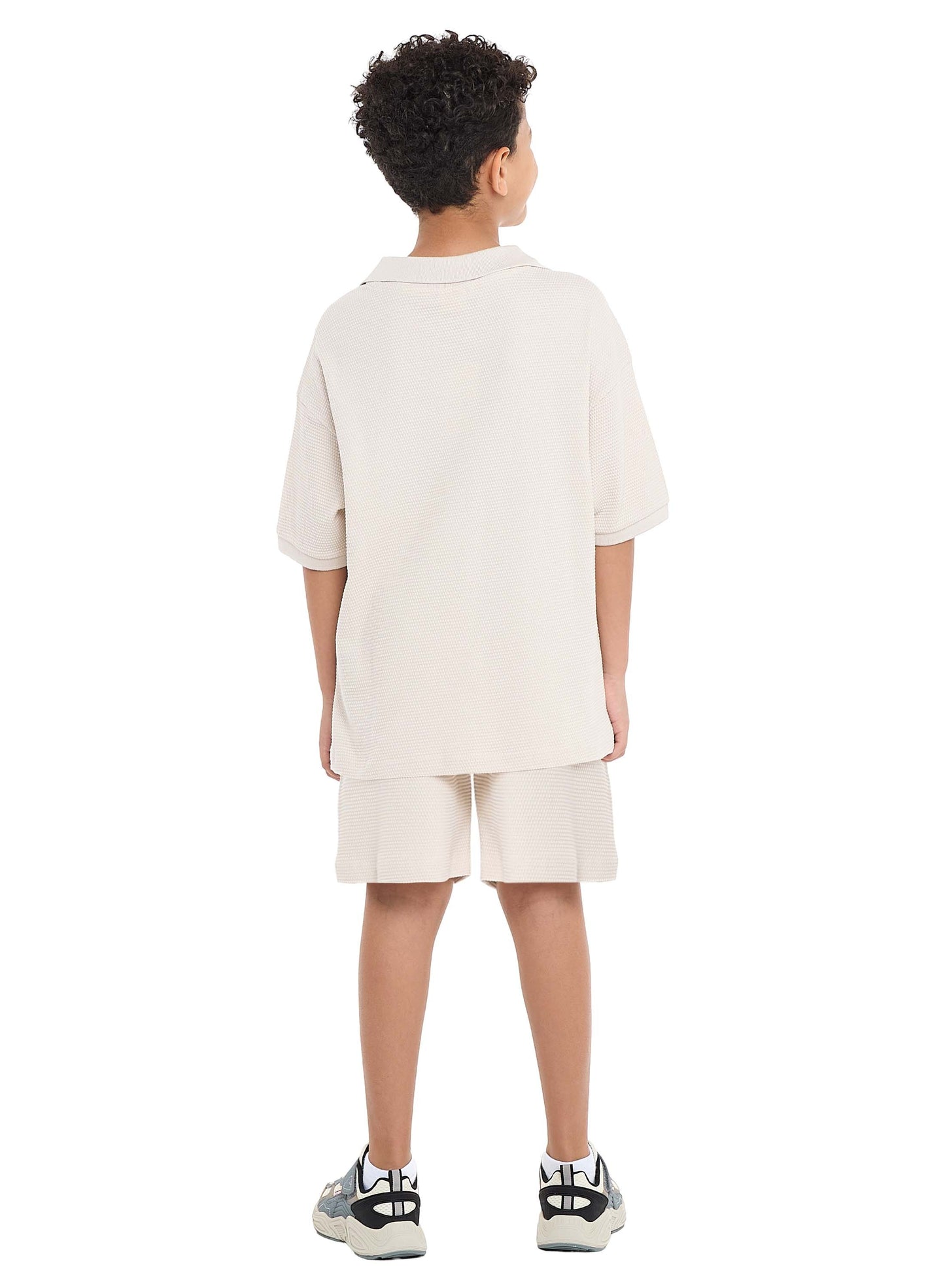 Victor and Jane Boys' Jacquard Set – Beige 2-Piece Outfit with Pockets, Polo T-Shirt and Shorts