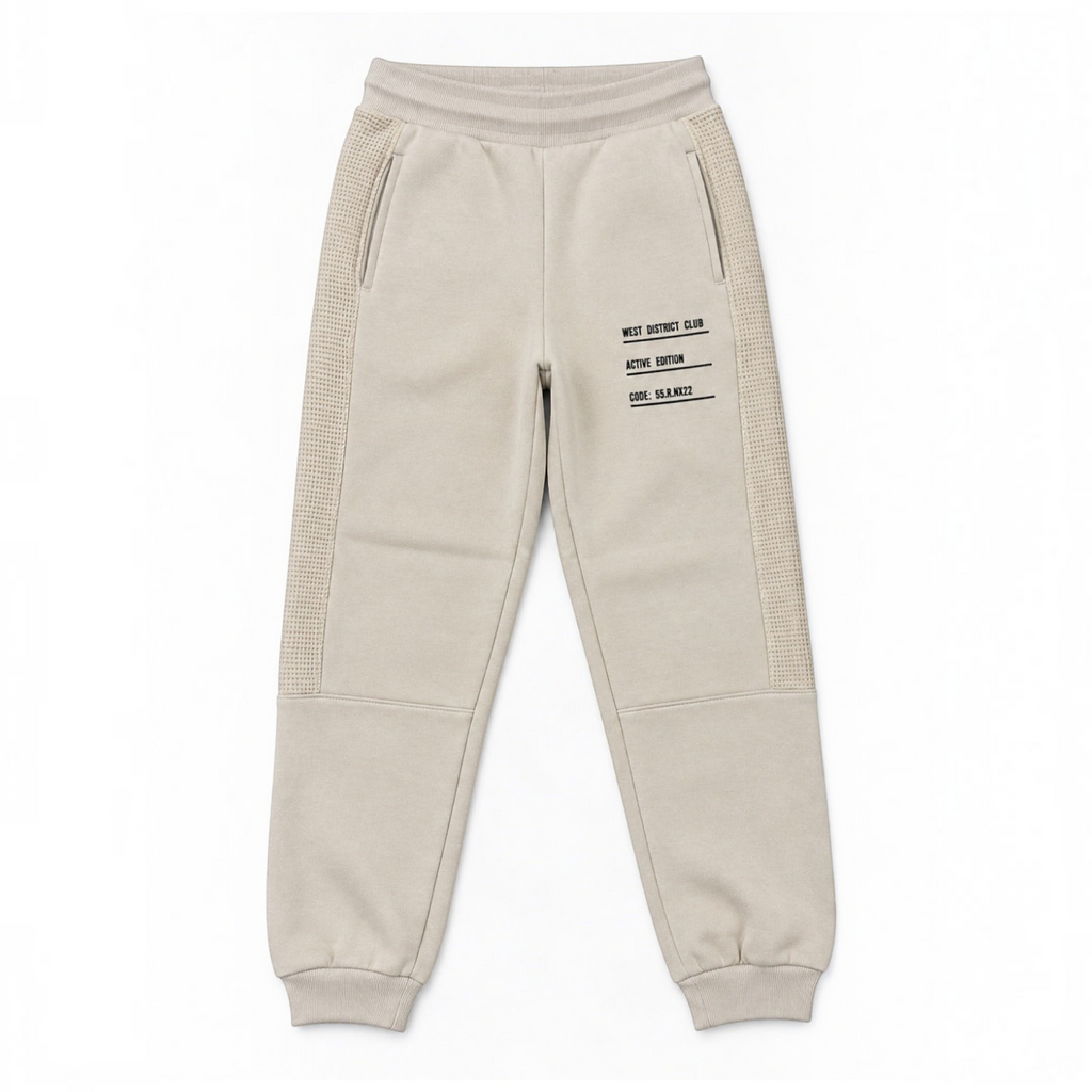 victor and jane boys beige fleece jogger pants with waffle texture side panels and graphic print detail