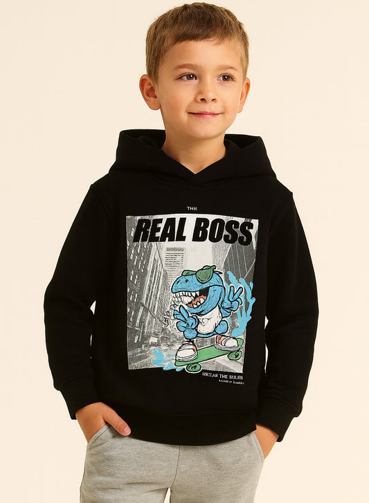 Boys' Black Dino "REAL BOSS" Graphic Hoodie