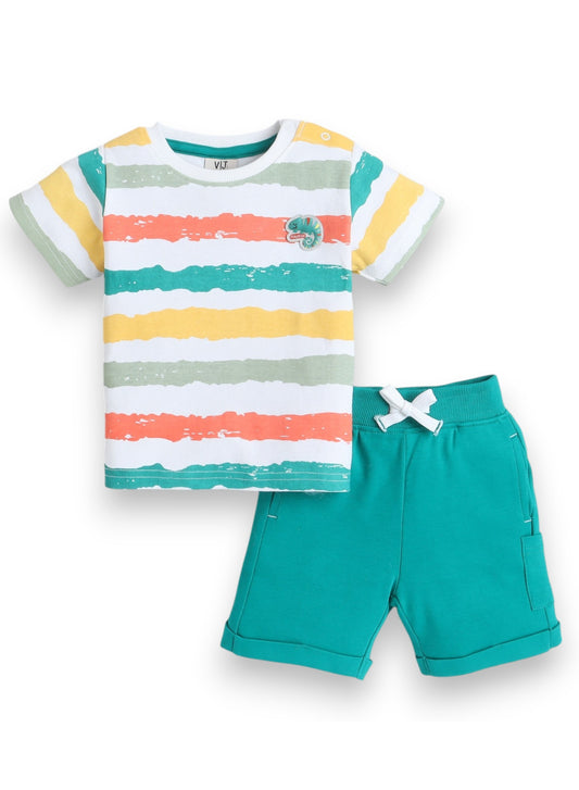 Victor and Jane Infant 2PC Set, Multicolor Striped T-Shirt And Green Shorts