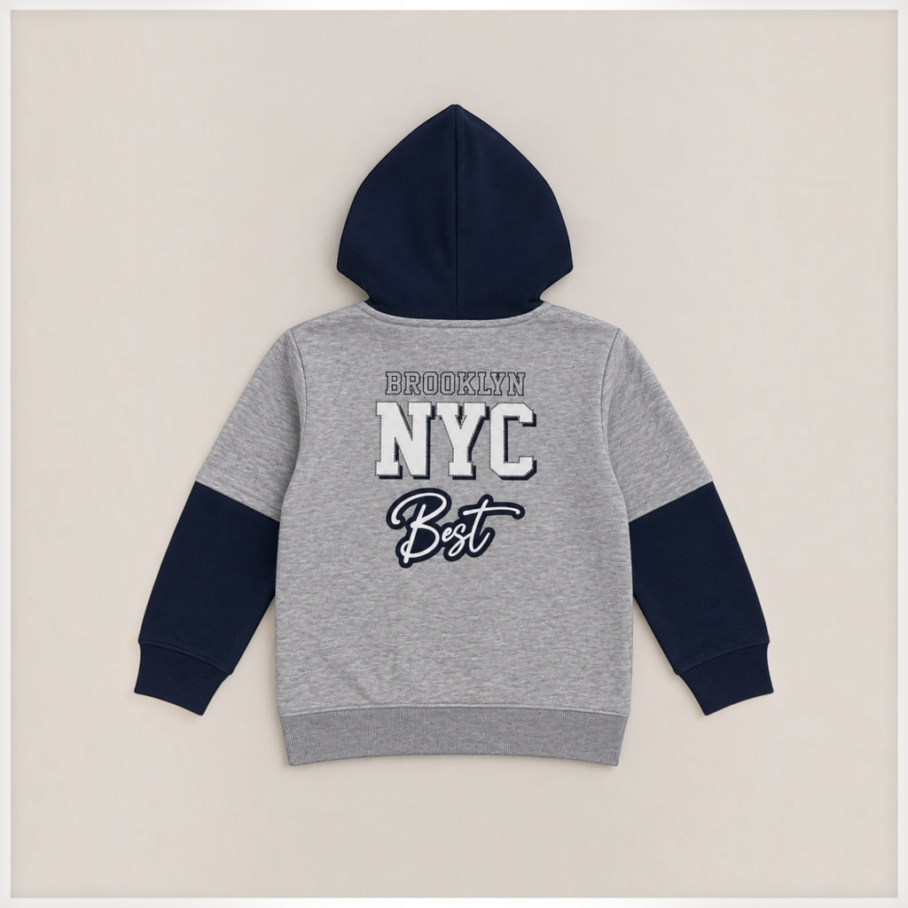 victor and jane girls varsity hoodie in grey and navy fleece with Brooklyn NYC Best graphic on the back