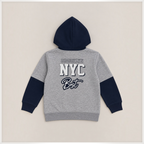 victor and jane girls varsity hoodie in grey and navy fleece with Brooklyn NYC Best graphic on the back