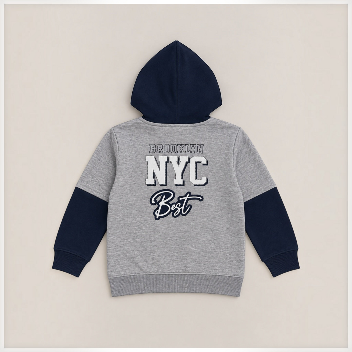 victor and jane girls varsity hoodie in grey and navy fleece with Brooklyn NYC Best graphic on the back