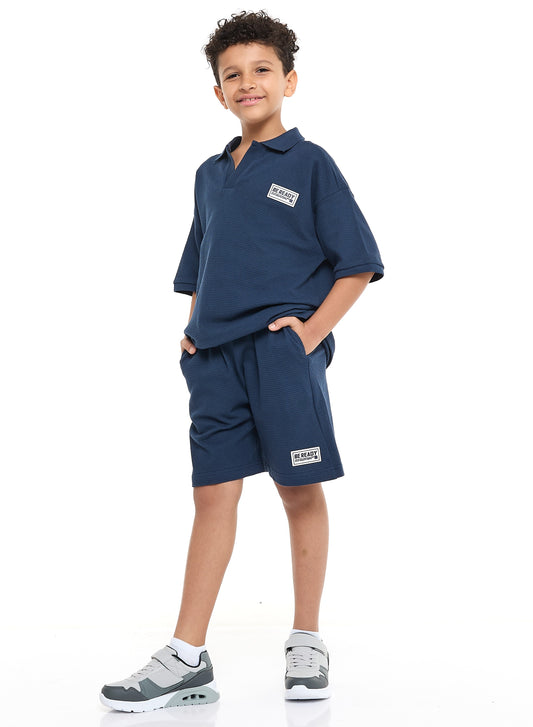 Victor and Jane Boys' Jacquard Set – Navy 2-Piece Outfit with Pockets, Polo T-Shirt and Shorts