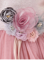 Girls Old Rose Jacquard & Tulle Dress With Flower Decoration