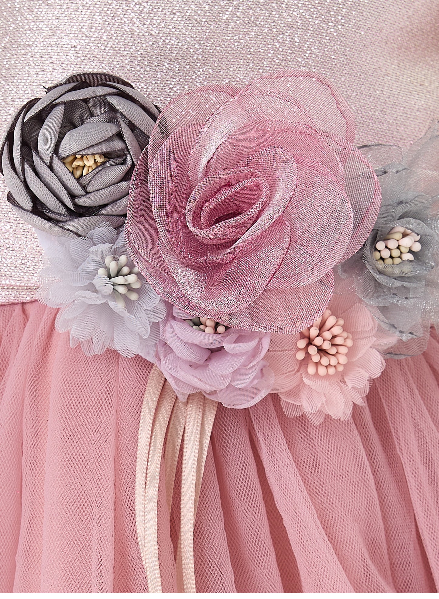 Girls Old Rose Jacquard & Tulle Dress With Flower Decoration