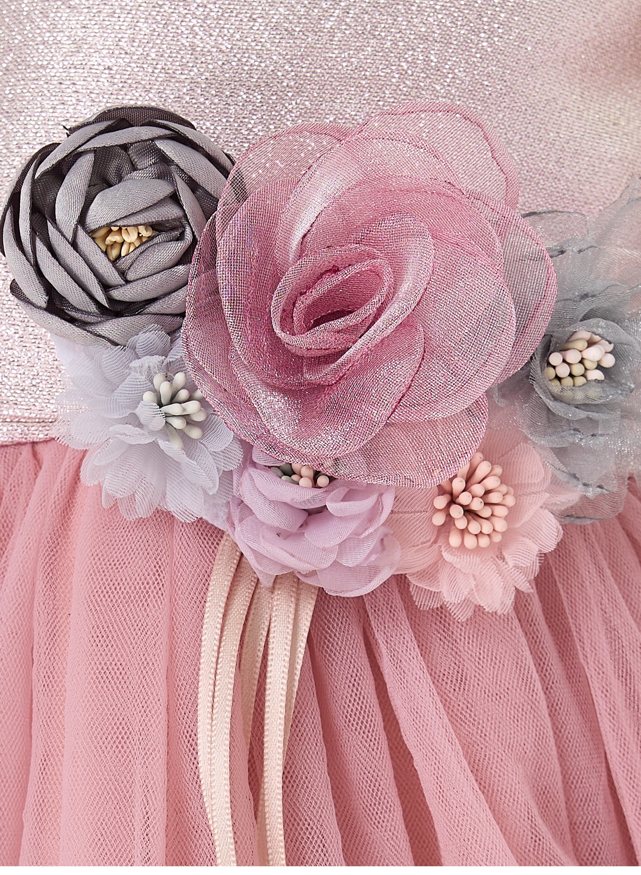 Girls Old Rose Jacquard & Tulle Dress With Flower Decoration