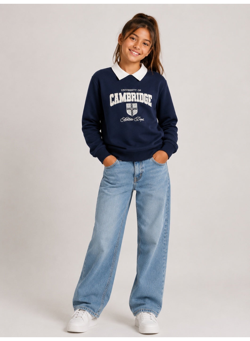 Girls Collared "Cambridge" Text Print Pullover