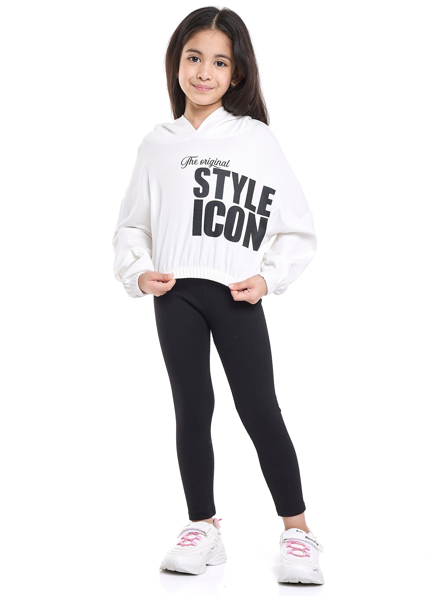Girls Style Icon Fleece Tracksuit – Cream & Black Pinstripe 2-Piece Set