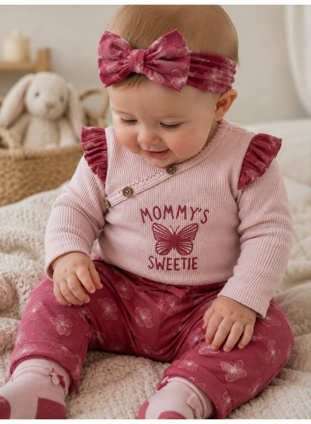 Baby Girls Wrap Bodysuit and Butterfly Print Pants Set with Socks and Headband (4-Piece)