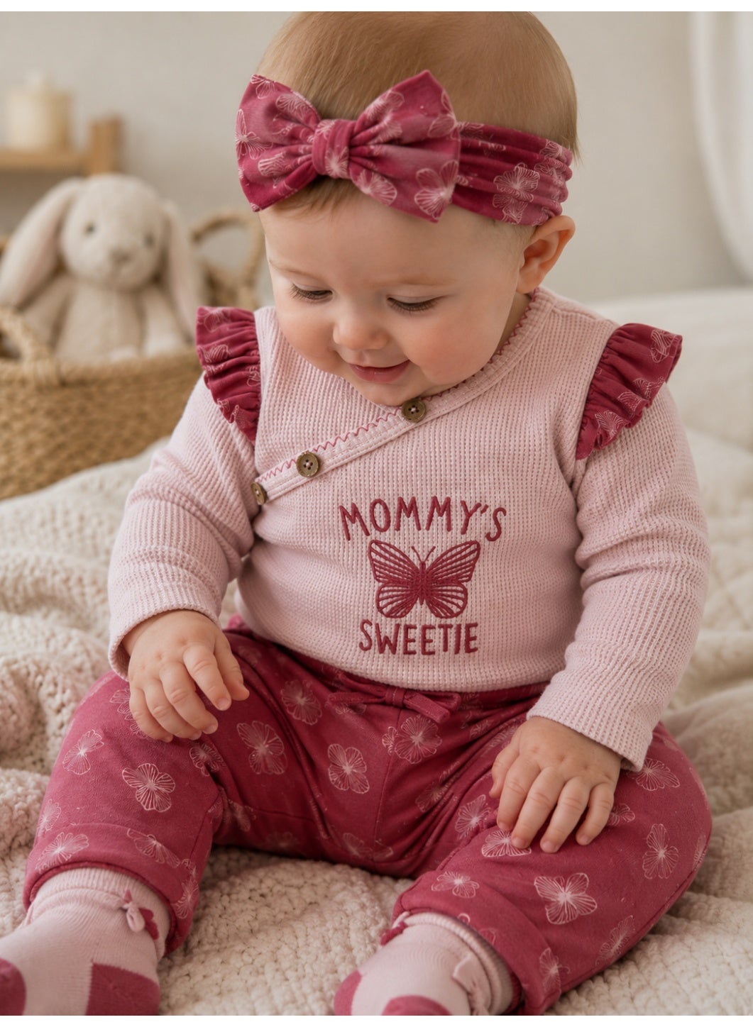 Baby Girls Wrap Bodysuit and Butterfly Print Pants Set with Socks and Headband (4-Piece)