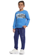 Victor And Jane Cotton Top Of The World Graphic Full Sleeves Sweatshirt & Joggers Set - Blue