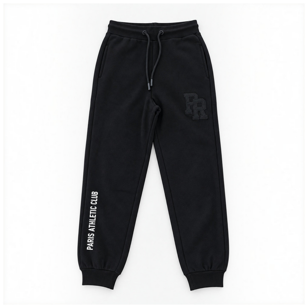 victor and jane black fleece jogger pants with Paris Athletic Club text and embroidered PR logo on white background