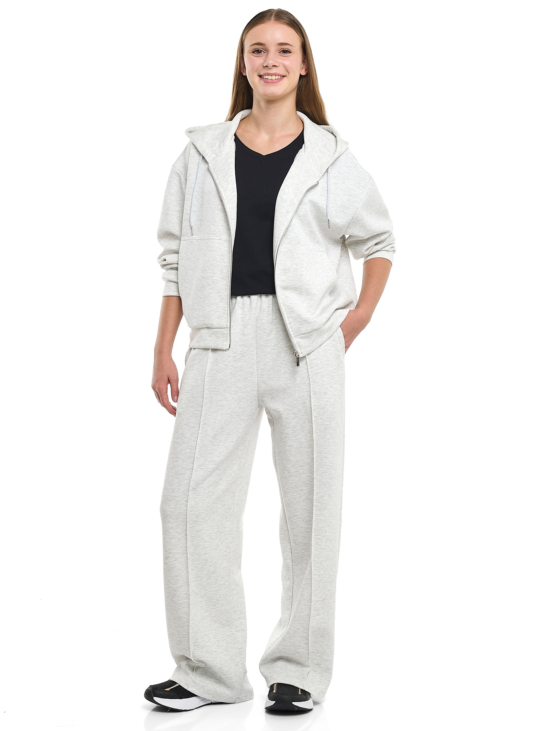 2 Piece Set-  Zip-Front Hoodie & Wide-Leg Trousers Set