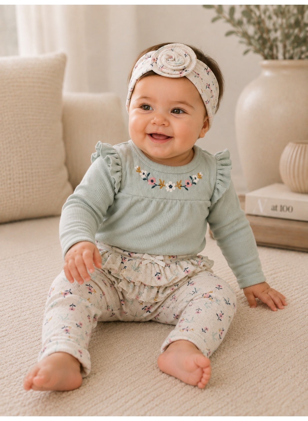 Baby Girls Long Sleeve Bodysuit & Ruffle Pants Set with Headband (3-Piece Set)