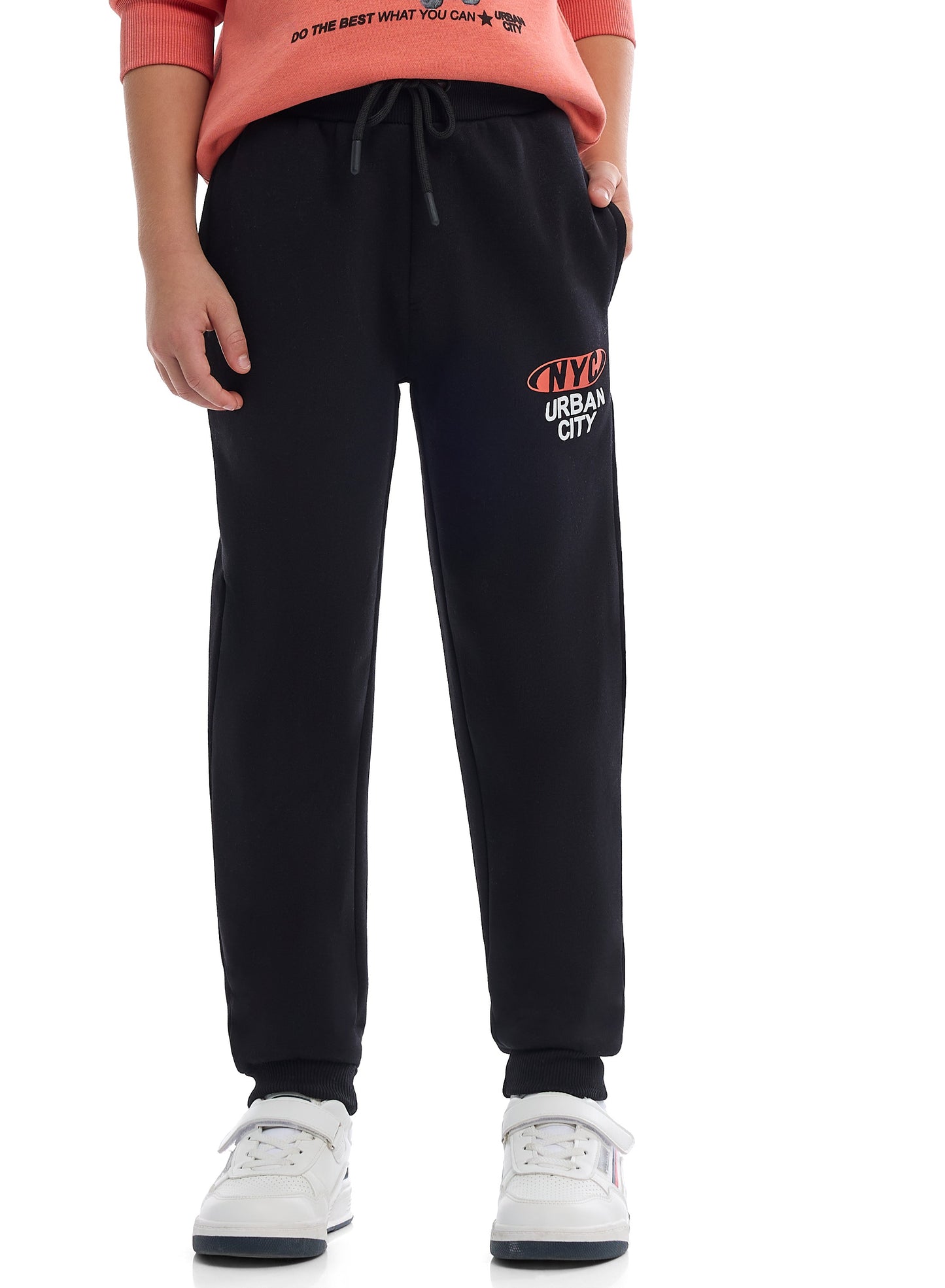 Boys’ Skater Bear Fleece Set – Coral Sweatshirt & Black Joggers