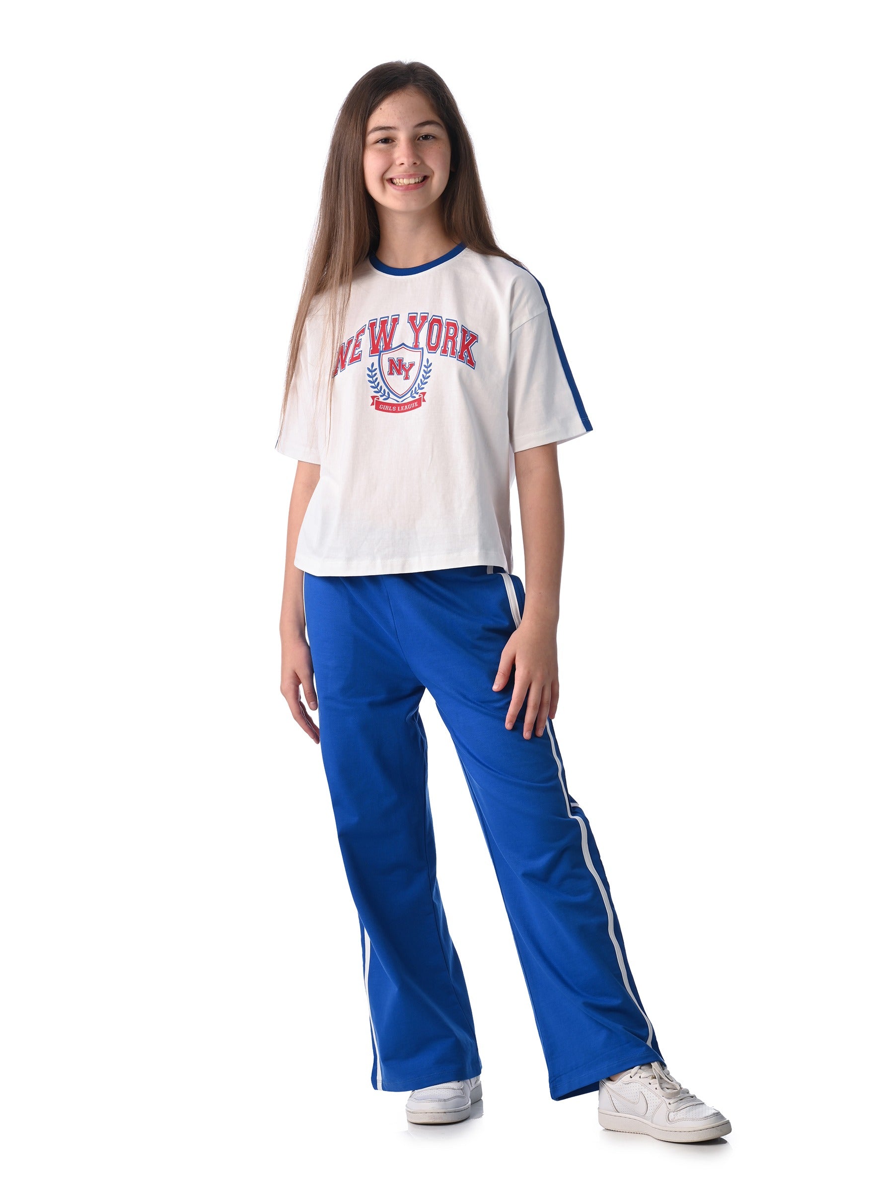 Victor And Jane Girls 2 Pc Set - Embellished Top With Matching Straight Pants With Tape Detail