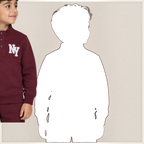 Young boy wearing a victor and jane burgundy fleece sweatshirt with a button placket and Paris Athletic Club graphic