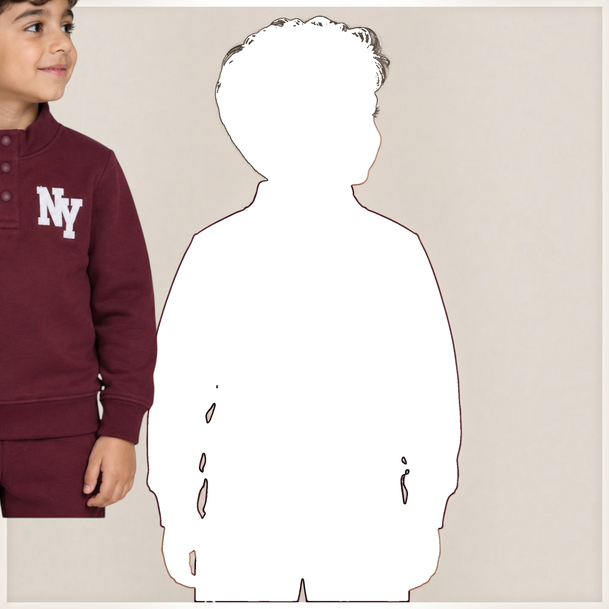 Young boy wearing a victor and jane burgundy fleece sweatshirt with a button placket and Paris Athletic Club graphic