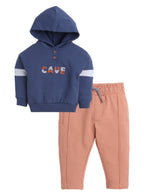 Dirkje Cotton Cave Embroidered Full Sleeves Hooded Sweatshirt And Joggers Set - Blue/Coral
