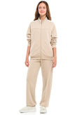 Girls’ Beige Contrast-Stripe Track Set “ Zip-Up Jacket & Joggers
