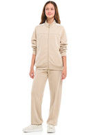 Girls’ Beige Contrast-Stripe Track Set “ Zip-Up Jacket & Joggers