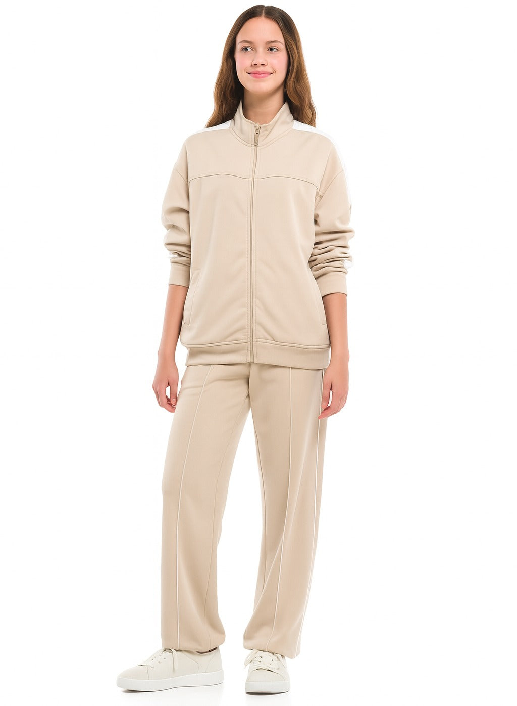Girls’ Beige Contrast-Stripe Track Set “ Zip-Up Jacket & Joggers