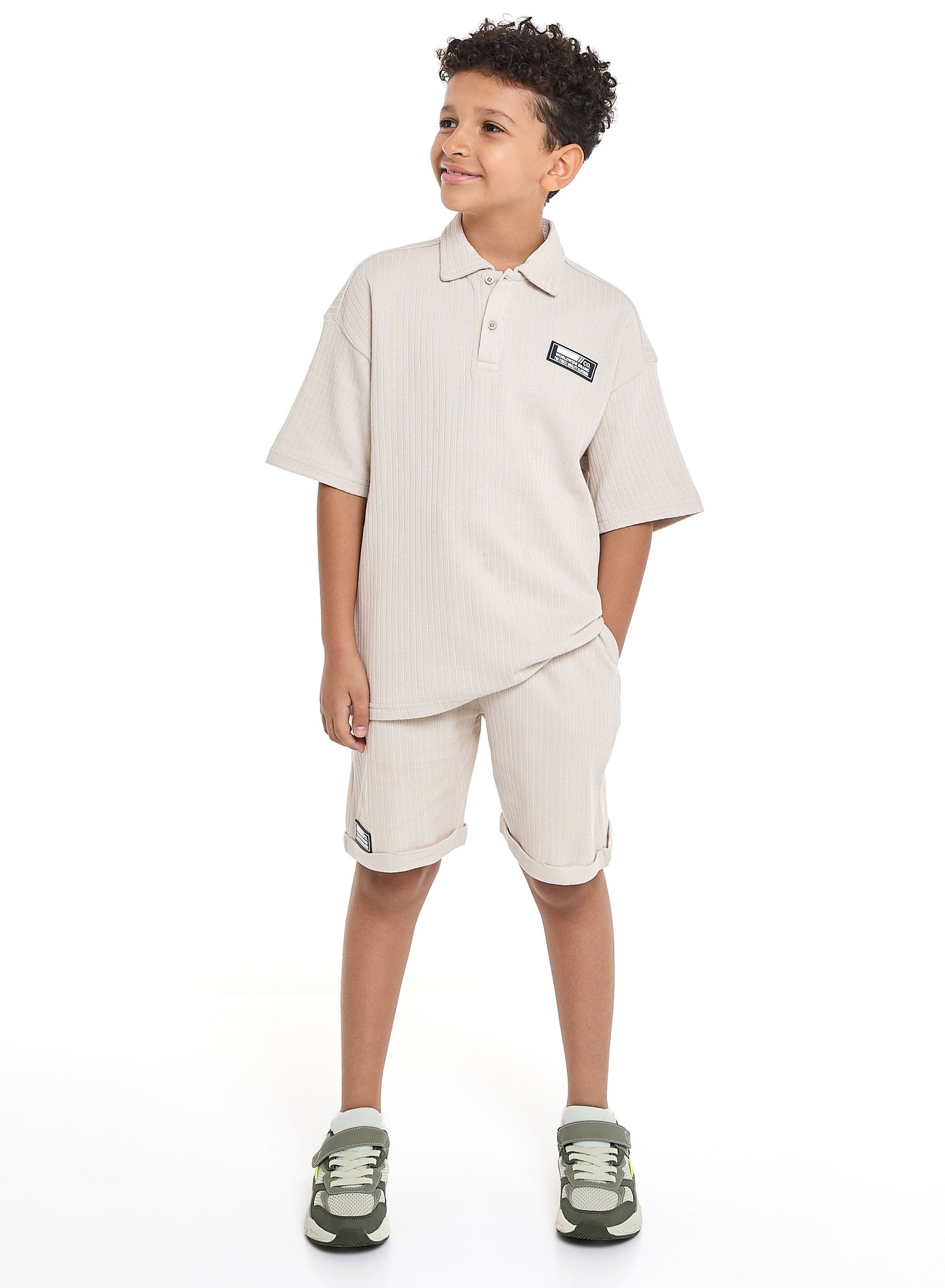 Victor and Jane Boys' Jacquard Set – Beige 2-Piece Outfit with Patch Polo T-shirt and Shorts