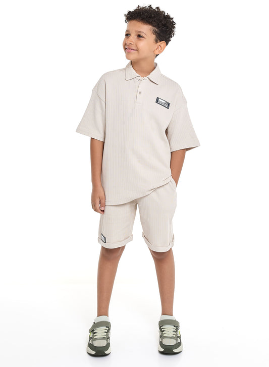 Victor and Jane Boys' Jacquard Set – Beige 2-Piece Outfit with Patch Polo T-shirt and Shorts