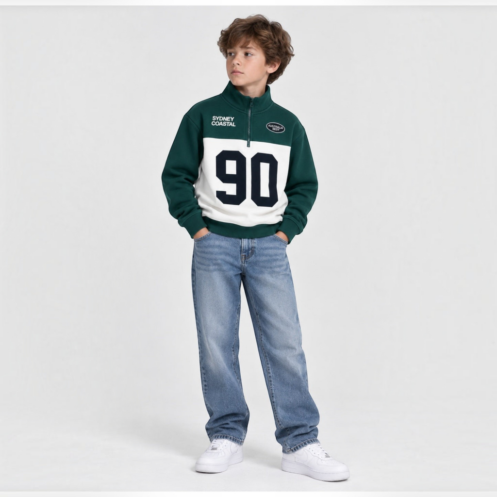 victor and jane boys' green and white half-zip fleece pullover with graphic print and stand-up collar