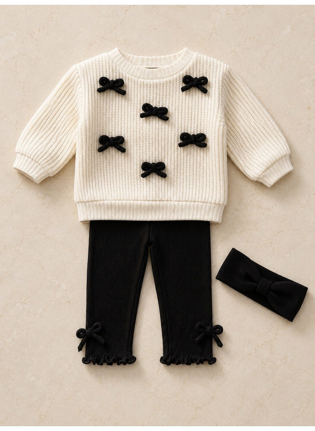Baby Girls Ribbed sweatshirt & Leggings Set with Ribbon (3-Piece Set)
