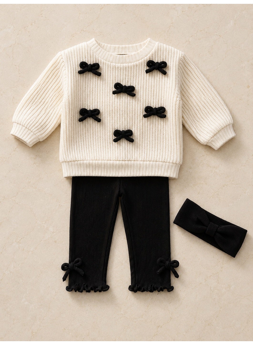 Baby Girls Ribbed sweatshirt & Leggings Set with Ribbon (3-Piece Set)