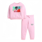 victor and jane 2-piece pink graphic sweatshirt and jogger set with meow glitter text and cat embroidery