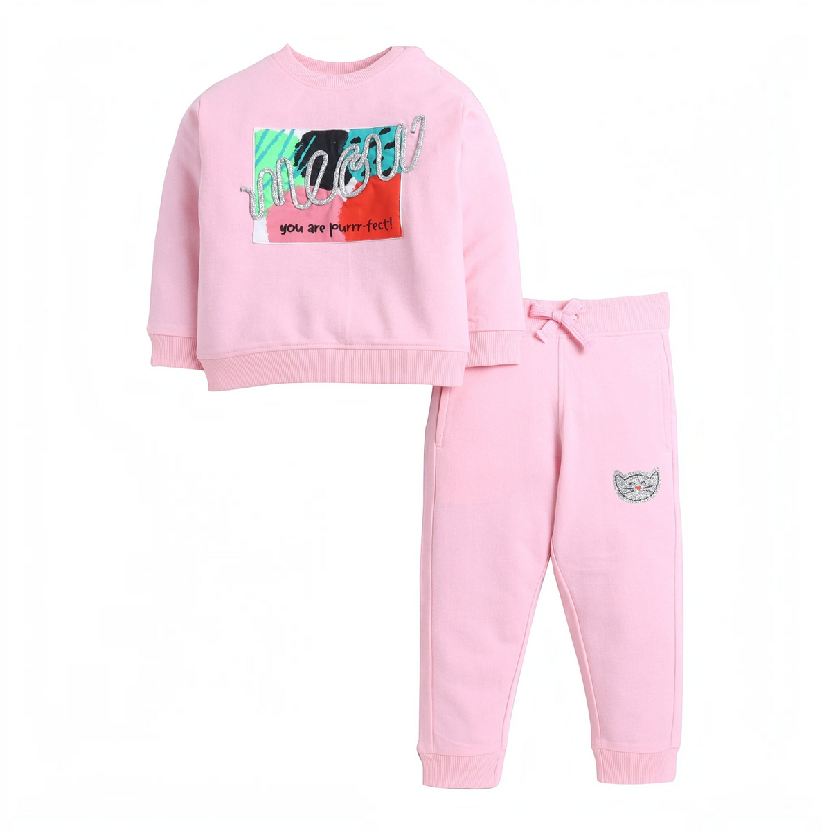 victor and jane 2-piece pink graphic sweatshirt and jogger set with meow glitter text and cat embroidery