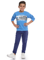 Victor And Jane Cotton Top Of The World Graphic Full Sleeves Sweatshirt & Joggers Set - Blue